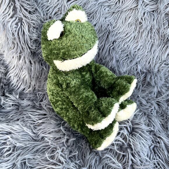 Plush Seated Green Frog Yellow Marble Eyes Soft Fur Plushie Stuffed Animal 9" - Picture 3 of 8